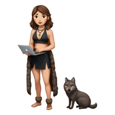 a NEANDERTHAL WOMAN WITH BROWN HAIR STANDING BY A FIRE AND TENT WITH BLACK WOLF HALTER TOP AND A LAPTOP AND FUR COAT sticker