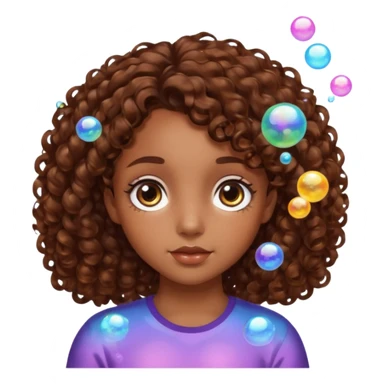 girl with brown curly hair in a side part with big brown eyes looking off to the side with bubbles on both sides of her sticker