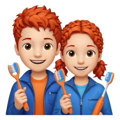 Two children smiling with toothbrushes in their hands. On the left is a girl with braided red hair, wearing a blue jacket and an orange shirt. On the right is a boy with curly black hair, wearing an orange shirt. Both are holding blue toothbrushes and look happy and healthy. sticker