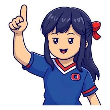 East Asian woman with long black straight hair and bangs wearing Doosan Bears team colors navy blue and red, cheering sticker