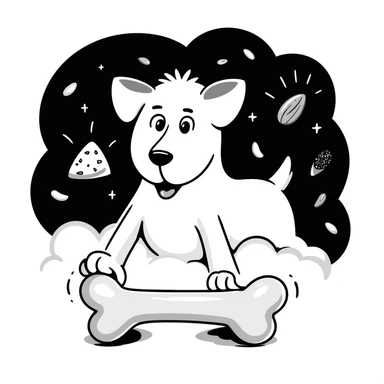 A magical glowing white bone surrounded by floating shredded cheese, yogurt, sesame seeds and almonds, with light beams connecting them, beside a normal bone for comparison sticker