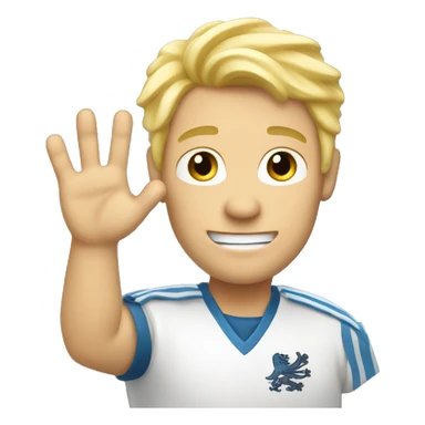 Male with blonde hair waving hand to say hello with a Scotland sticker