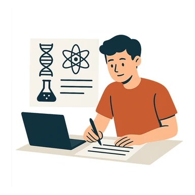 flat design style student writing a scientific paper sticker