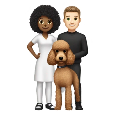 A white male with black hair holding a light brown poodle sticker
