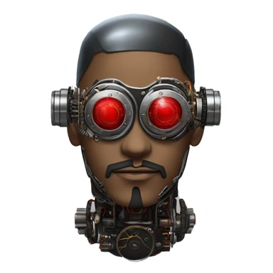 Round cyborg head with red steampunk goggles, black goatee and circuits sticker