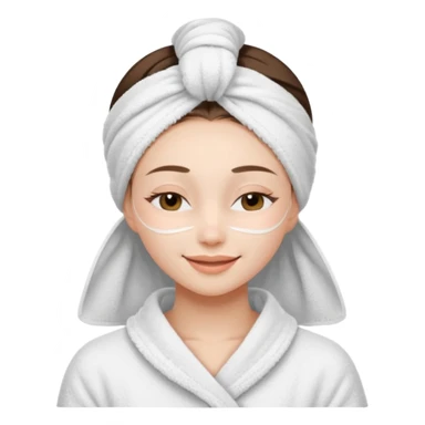 cute girl with her eyes closed and smiling, wearing a white spa towel as her clothes in she has a white spa towel on her head, white face skincare mask sticker