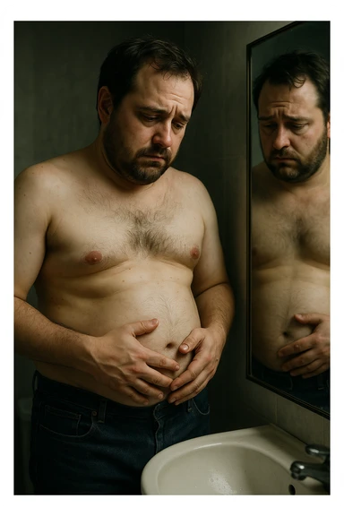 uomo che si guarda allo specchio triste mentre si tocca la pancia, pensieroso, iperrealistico 4k sticker