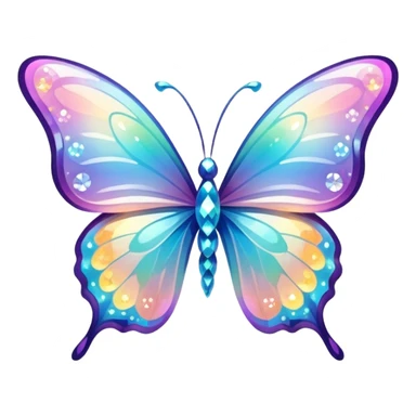 Transparent Shiny Glossy Pastel Gradient Hue Iridescent Crystal Butterfly with bright sparkles and sparkling glitter swirling around it sticker