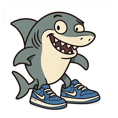 a fun and clear style shark with blue Nike shoes on its feet, cartoonish, playful, vibrant colors sticker