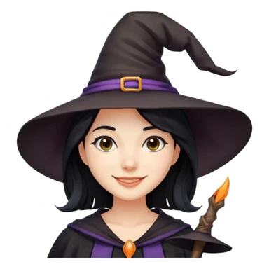 "- Nữ
- 25 tuổi
- Da trắng
- Tóc đen, ngắn ngang vai
- Mặt cười mỉm
- Đội mũ phù thủy" sticker