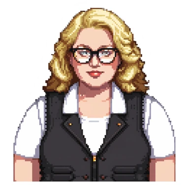 Plus size blonde person wearing glasses and a vest sticker