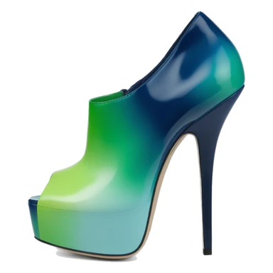 Realistic isolated top view of a pair of emerald green,sky blue,mint green,lime green and navy blue ombre Jimmy Choo peep toe stiletto ankle booties. sticker