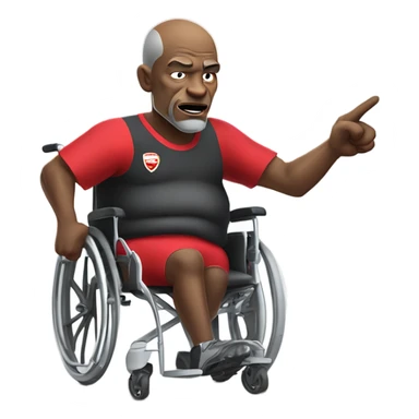 old black bald man with a protruding round pot belly in wheelchair. angry face. grey stubble. he is pointing finger in front. Arsenal soccer shirt. mouth word bubble sticker