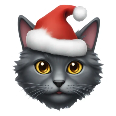 Fluffy dark grey cat wearing Christmas hat sticker