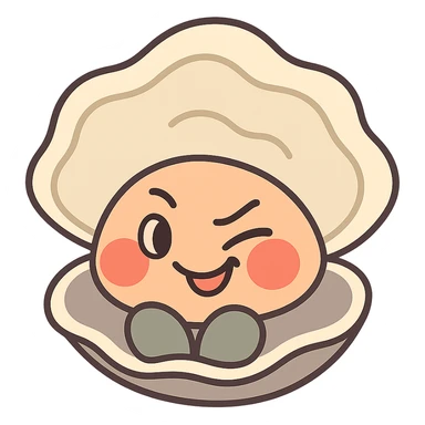 Create a cute oyster with a winking and malicious expression, very red cheeks, inspired by the reference image. Use pastel toon style with cream, greige, and peach colors. Make the background transparent. sticker