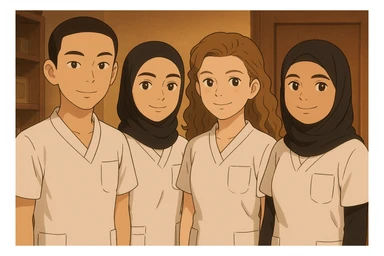 Four nursing students side by side in a warm indoor environment, wearing white short-sleeved uniforms with V-neck collars and left chest pockets. No undershirts or stethoscopes. Variations in ambiance and composition, Ghibli style. sticker