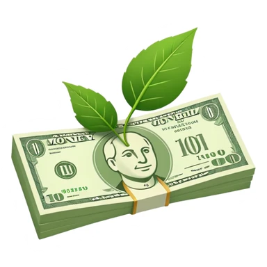 Minimal line-art icon of a money bill with a leaf symbol on the corner, clean modern style, simple outlines, slight 3D, no background, transparent, represents pure and ethical income. sticker