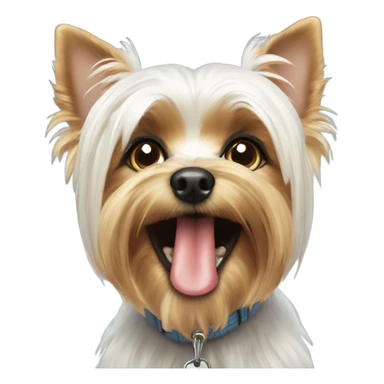 White Yorkie, begging for a treat while having a treat in its mouth sticker