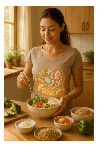 A realistic, warm-toned image of a young woman in a bright, cozy kitchen preparing a healthy meal rich in fiber and probiotics. She smiles softly, focused and calm, as she adds fresh vegetables, fermented foods like yogurt or kimchi, and whole grains to a bowl. Around her abdomen, a subtle, glowing overlay of balanced gut flora—colorful, friendly bacteria and microbes—swirls gently, symbolizing intestinal health and harmony. The setting is natural and inviting, with sunlight streaming through the window, potted herbs on the counter, and clean wooden surfaces. The overall mood conveys wellness, self-care, and the positive journey toward gut balance sticker