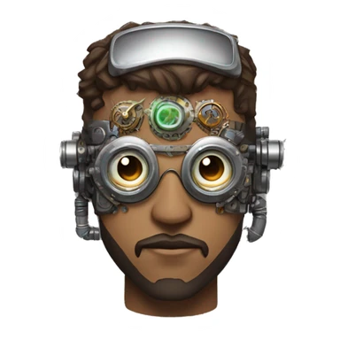 Brown short hair male cyborg head with silver steampunk goggles, brown beard and circuits sticker