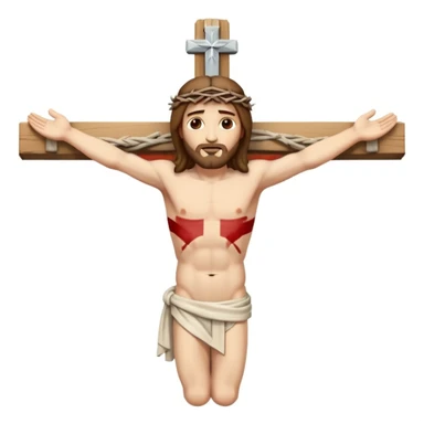 Serene emoji-style icon of Jesus crucified, arms outstretched, nailed to a plain cross, peaceful and compassionate expression, soft color palette, minimal details, body in proportion, sacred and humble, not cartoonish sticker
