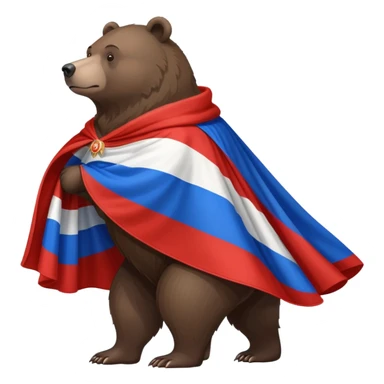 Medium-dark brown bear on all four legs with Russian flag (white, blue, red horizontal stripes) draped over its back like a cape or cloak, flowing slightly, side view sticker