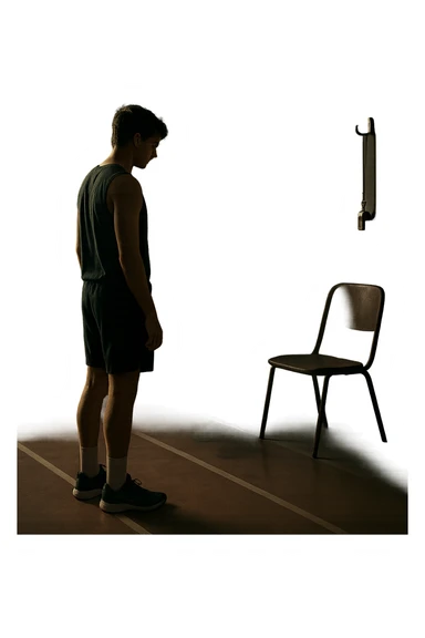 cinematic a person stands alone on a running track or in a fitness studio, glancing toward an empty coach’s chair or whistle hanging on a hook. The absence of the coach is emphasized by a faint, transparent silhouette or shadow where the coach should be. The atmosphere is quiet and a bit disheartened. sticker