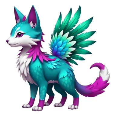 Kawaii cute colorful iridescent deep-dark-turquoise-green and magenta and white beautiful pretty elegant divine edgy feline-vernid-sergal-Fakémon-Pokémon-fursona-animal-creature with accessories, full body, with intricate detailed markings, feathers sticker