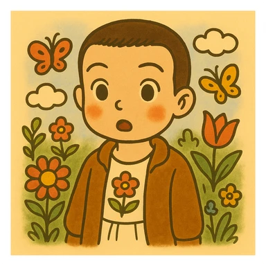 Variation of Eleven from Stranger Things, from the waist up, surprised expression, inspired by coloring drawings of Bobbie Goods and Cuzy, in Ghibli style, square format 1:1. sticker