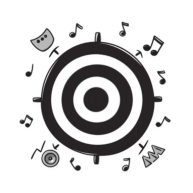 symmetrical target with musical marketing elements such as musical notes, speakers, growth charts, doodle style, square emoji format, suitable for online course cover sticker