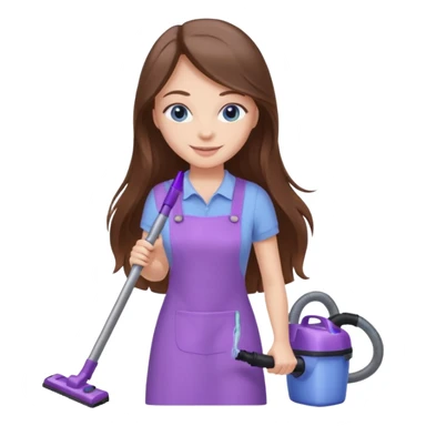 beautiful girl with long brown hair, blue eyes and wearing light purple clothes, cleaning and vacuuming sticker