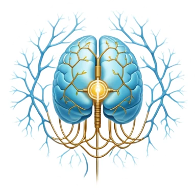 Pearlescent and light blue floating capsule suspended in front of an ethereal brain illuminated by golden electrical pulses branching into a neural network pattern, awakening lucidity. A soft light also surrounds a small liver symbol, all rotating in an aura of focus and internal connection sticker