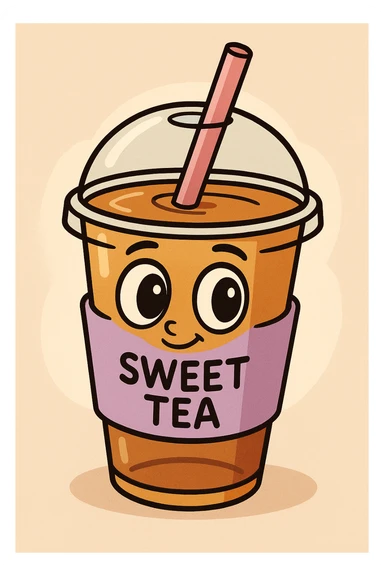 sweet tea cup with a lavender colored sleeve and a pink straw, cartoon style, big eyes sticker