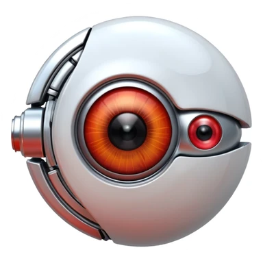 3D render of Robotic Eye, futuristic cyborg aesthetic, fusion of organic skin and chrome metal, white eyeball with a glowing red camera lens iris, exposed wiring, Apple emoji style, isolated on white background --v 6.0. sticker