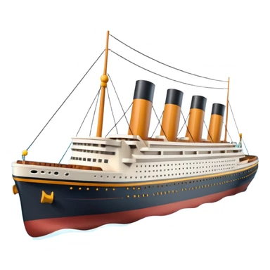 A 3D emoji of a Titanic ship in Apple style, glossy and smooth surface, bright clean colors with subtle shading, simple and minimal details, no face or expressions, floating on calm ocean, soft shadows, high-quality render, isolated on white background.


 sticker
