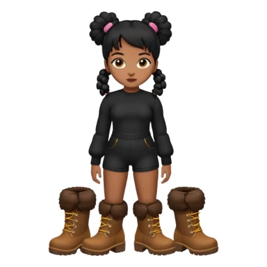 A brown skin girl thats slim and thick body with black hair into two puffy pigtails  and wears all black outfit with brown furry boots  sticker