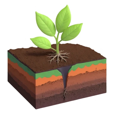 A fresh green leaf resting on the surface of a cross-section of the Earth, where soil and underground layers are visible beneath. Natural lighting, realistic textures. sticker