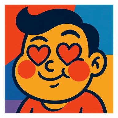 Add heart eyes to the vibrant toon style face with cheeks puffed out, playful smirk, blushing. sticker