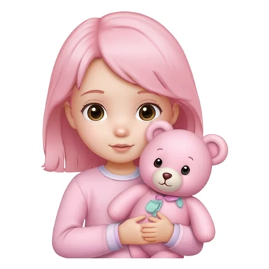 cute toddler girl with pastel pink clothes holding a pink teddy bear sticker