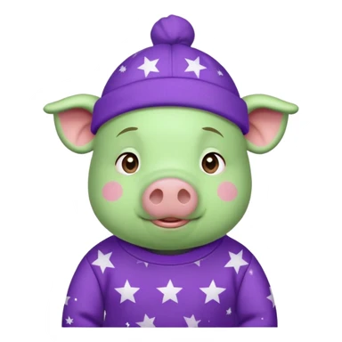 A green pig, in a purple sweatshirt, with a purple cap with a pattern of stars on his head sticker