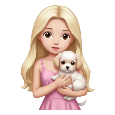 Blonde long hair brown eyes girl with white maltese puppy with pink dress sticker