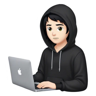 hackeur blanc cheveux noir et capuche noir avec un macbook sticker