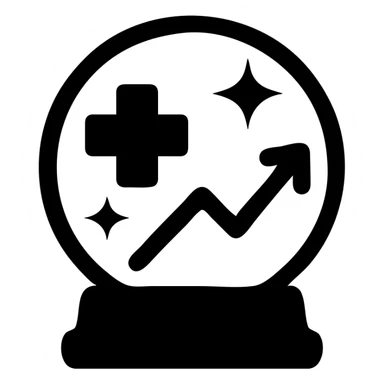Add an upward slope or rising line graph inside the crystal ball to symbolize improvement and positive healthcare outcomes. Keep the flat icon style, maintaining medical cross and sparkles, using a soft color palette. sticker