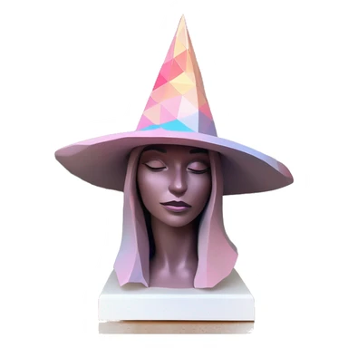 standalone sculpture witch hat is geometric, faceted design, on a hat display. The sculpture is angular and Alphonse Mucha style. The vibrant midtone tints of pastels and pink highlights the sharp edges and planes.  sticker