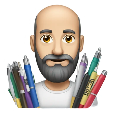 Balding man with thick black beard,  holding lots of pens  sticker