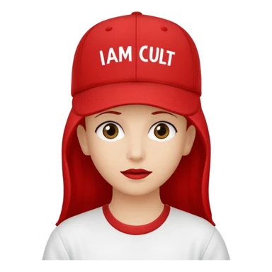 Red cap with no person in it that says "I AM IN A CULT" in white text sticker