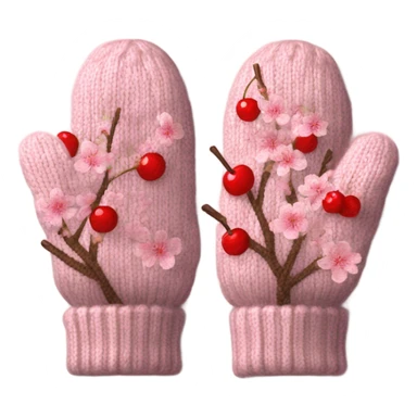 A pair of cozy knitted mittens with a cherry blossom design sticker