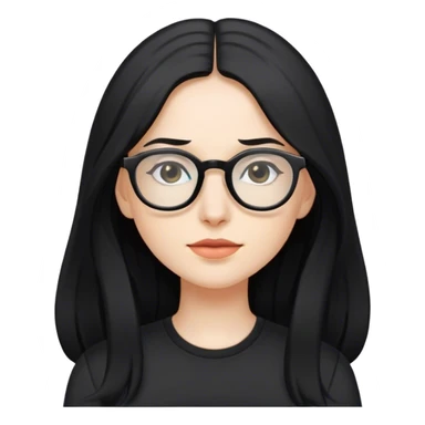 pale woman with long black hair, wearing glasses and black shirt sticker