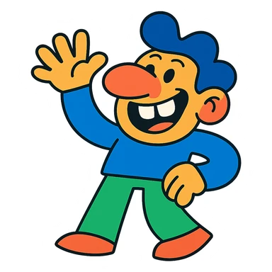 a really happy person with hand, buck teeth, and a really big nose, fun and expressive style, vibrant toon, playful and colorful cartoon character sticker
