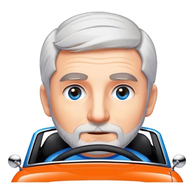 Grey haired short bearded with blue eyes driving a modern orange mini cooper with black bonnet stripes sticker